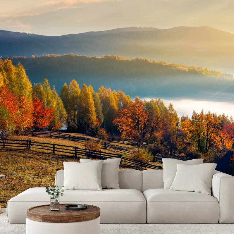 Fototapeta mglisty jesienny wschód słońca na wsi – Wallissimo® Fototapeta mglisty jesienny wschód słońca na wsi – Wallissimo®