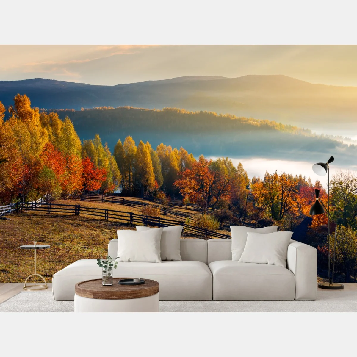Fototapeta mglisty jesienny wschód słońca na wsi – Wallissimo® Fototapeta mglisty jesienny wschód słońca na wsi – Wallissimo®