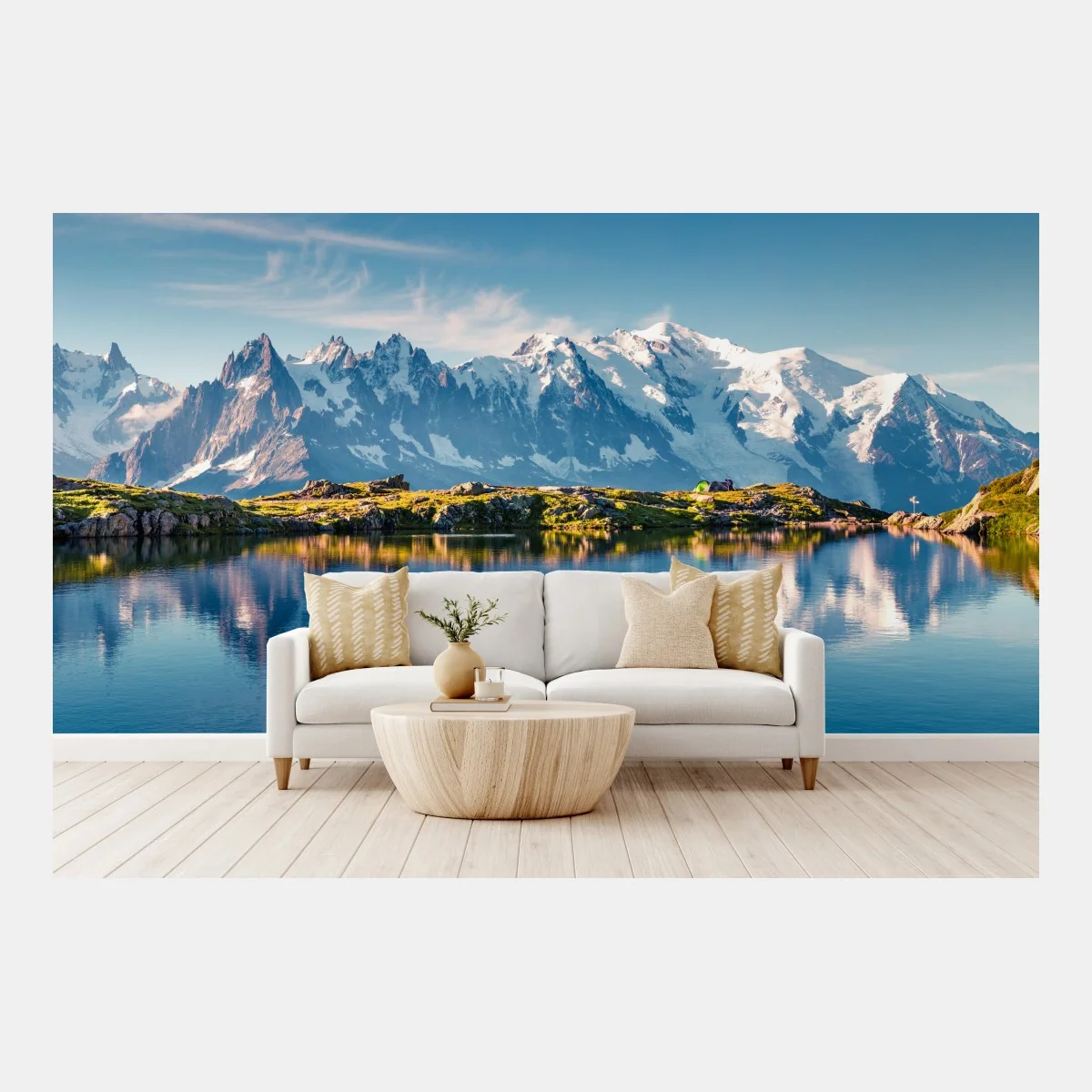Fototapeta panorama Mont Blanc odbita w Lac Blanc – Wallissimo® Fototapeta panorama Mont Blanc odbita w Lac Blanc – Wallissimo®