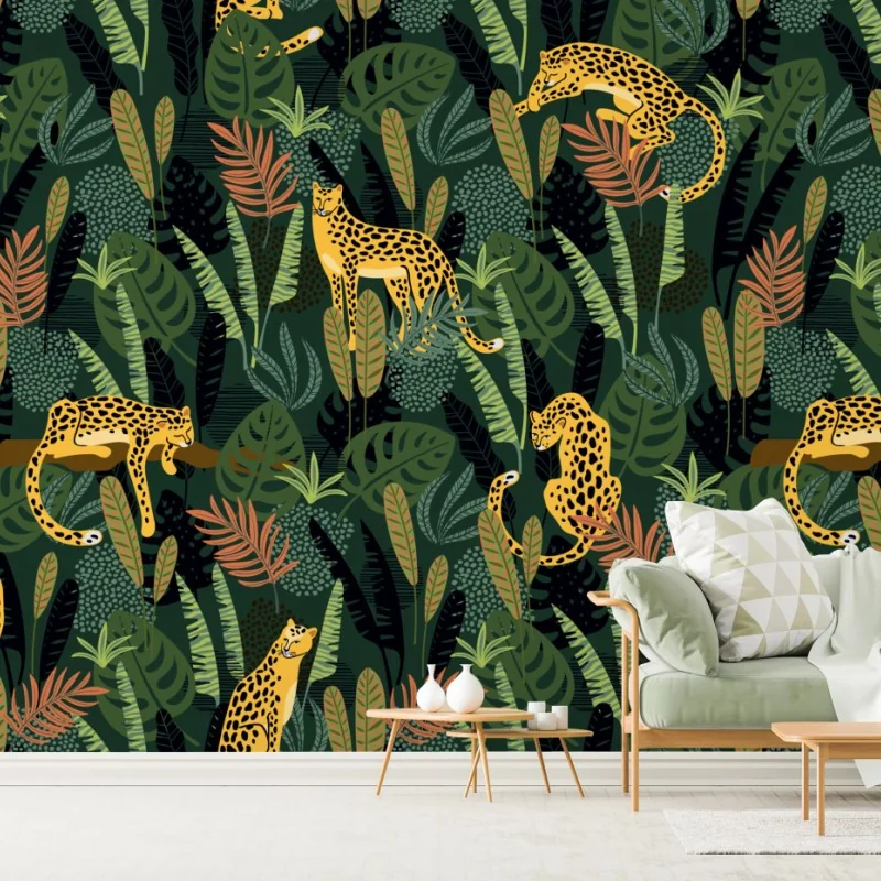Fototapeta tropikalny wzór z lampartami – Wallissimo® Fototapeta tropikalny wzór z lampartami – Wallissimo®