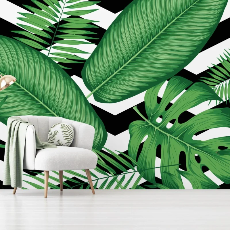 Fototapeta tropikalne liście na zygzakowatym tle – Wallissimo® Fototapeta tropikalne liście na zygzakowatym tle – Wallissimo®