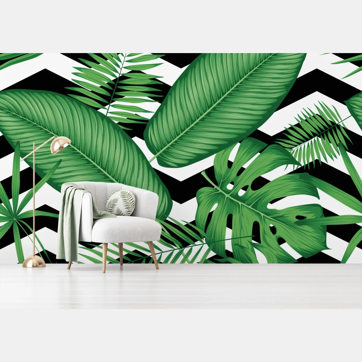 Fototapeta tropikalne liście na zygzakowatym tle – Wallissimo® Fototapeta tropikalne liście na zygzakowatym tle – Wallissimo®