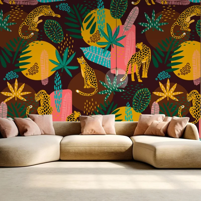 Fototapeta tropikalny wzór z gepardami i żywą roślinnością – Wallissimo® Fototapeta tropikalny wzór z gepardami i żywą roślinnością – Wallissimo®