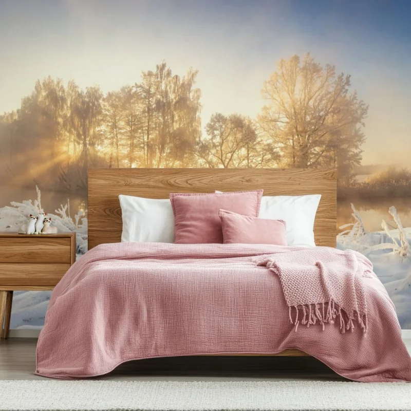 Fototapeta złoty zimowy wschód słońca nad mroźną rzeką – Wallissimo® Fototapeta złoty zimowy wschód słońca nad mroźną rzeką – Wallissimo®