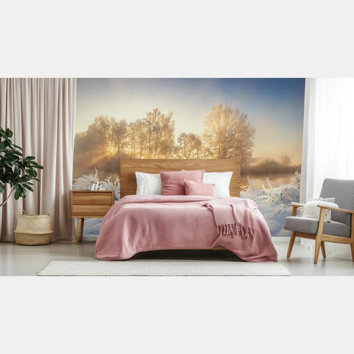 Fototapeta złoty zimowy wschód słońca nad mroźną rzeką – Wallissimo® Fototapeta złoty zimowy wschód słońca nad mroźną rzeką – Wallissimo®