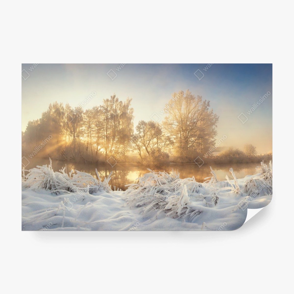 Fototapeta złoty zimowy wschód słońca nad mroźną rzeką – Wallissimo® Fototapeta złoty zimowy wschód słońca nad mroźną rzeką – Wallissimo®