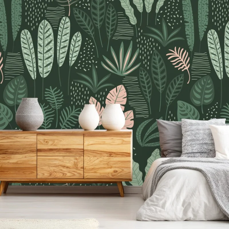 Fototapeta tropikalny wzór liści w stonowanej zieleni i różu