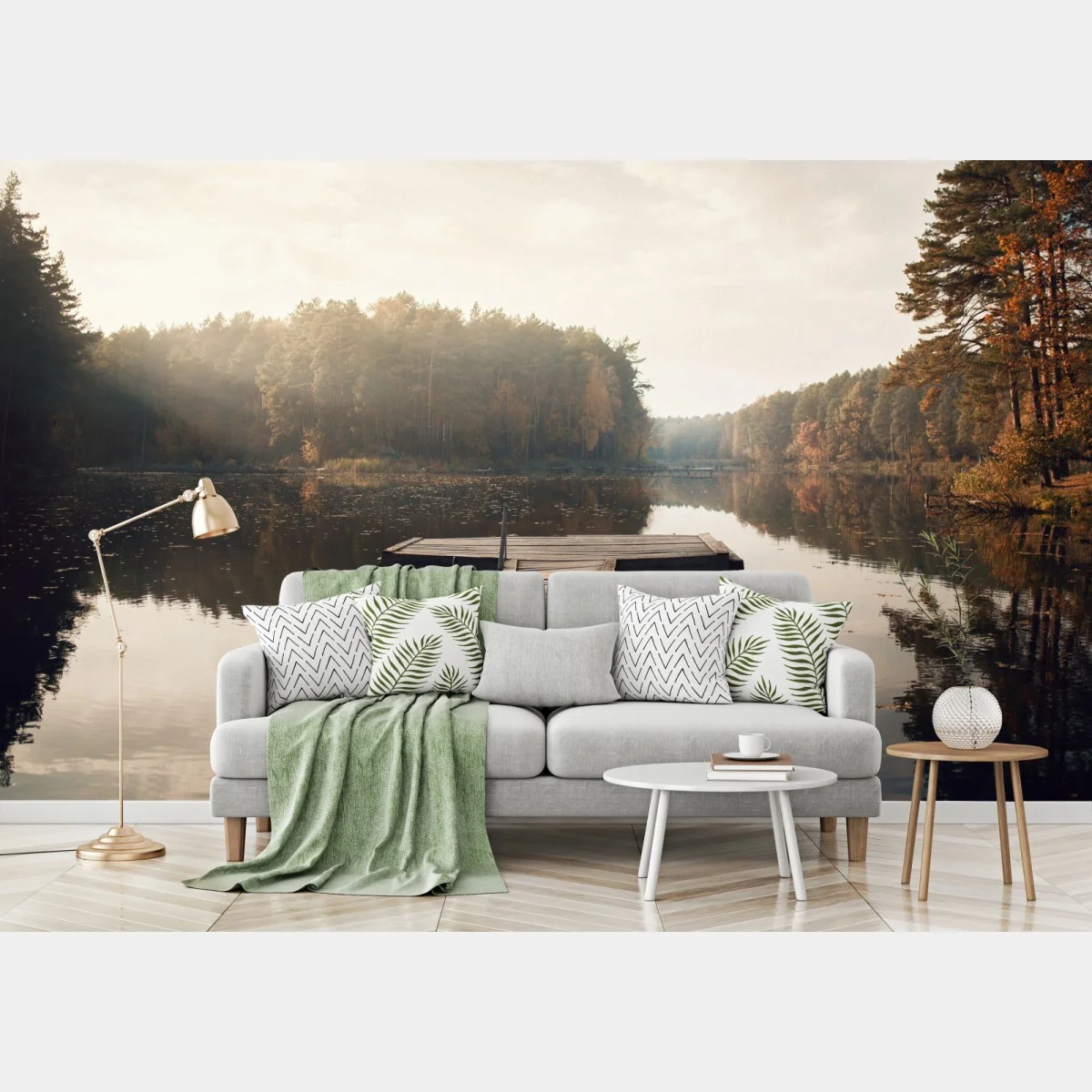 Fototapeta jesienne przedpołudnie nad jeziorem z pomostem – Wallissimo® Fototapeta jesienne przedpołudnie nad jeziorem z pomostem – Wallissimo®