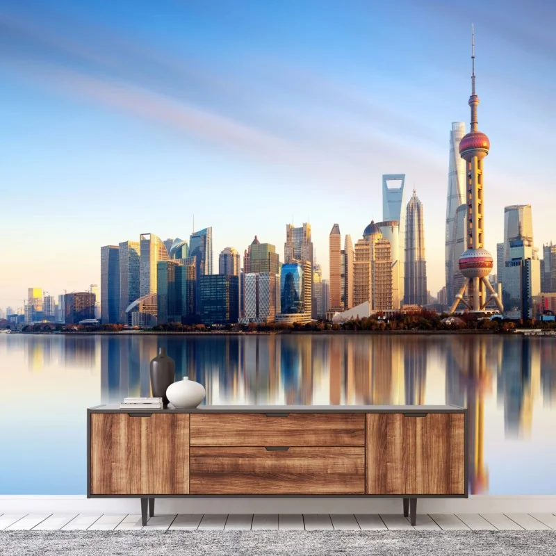 Fototapeta Szanghaj linia horyzontu nad wodą – Wallissimo® Fototapeta Szanghaj linia horyzontu nad wodą – Wallissimo®