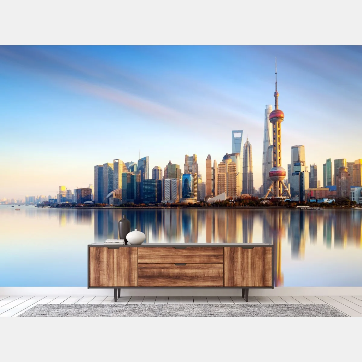 Fototapeta Szanghaj linia horyzontu nad wodą – Wallissimo® Fototapeta Szanghaj linia horyzontu nad wodą – Wallissimo®