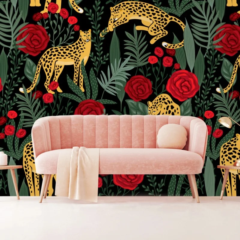 Fototapeta złote gepardy i czerwone róże – Wallissimo® Fototapeta złote gepardy i czerwone róże – Wallissimo®