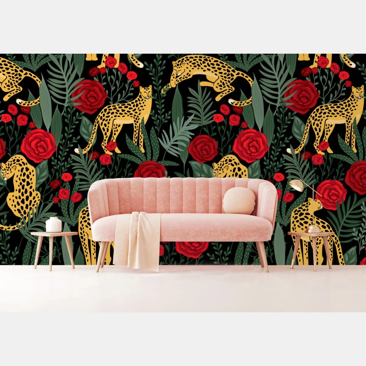 Fototapeta złote gepardy i czerwone róże – Wallissimo® Fototapeta złote gepardy i czerwone róże – Wallissimo®