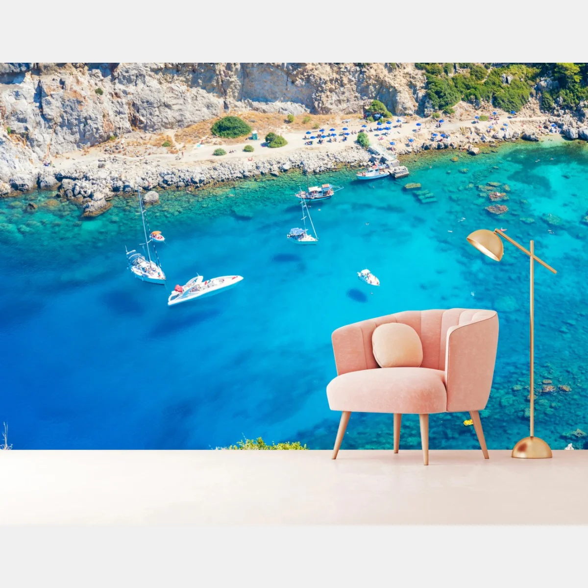 Fototapeta widok z lotu ptaka na zatokę Anthony Quinn, Rodos – Wallissimo® Fototapeta widok z lotu ptaka na zatokę Anthony Quinn, Rodos – Wallissimo®