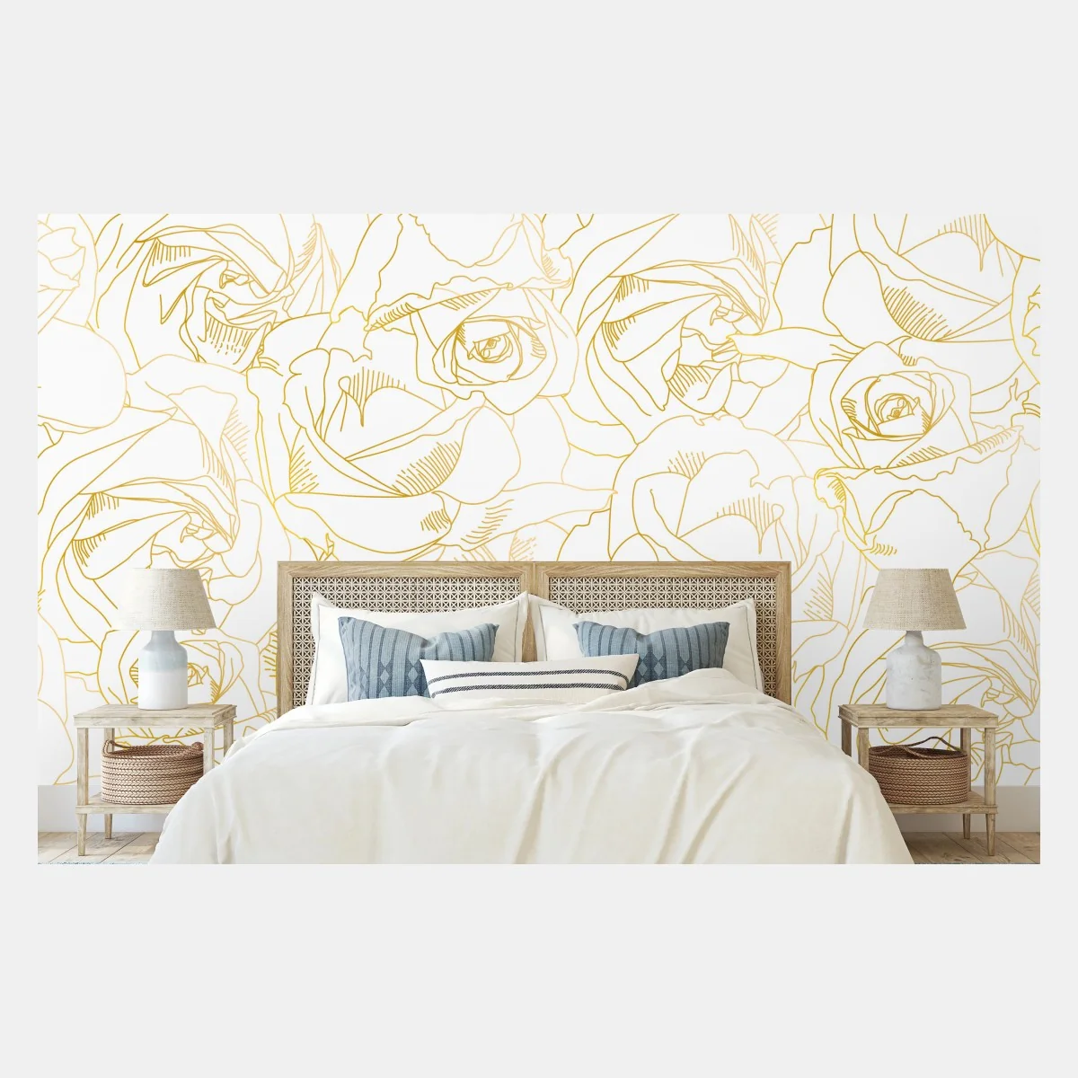 Fototapeta delikatne złote róże — elegancki wzór kwiatowy – Wallissimo® Fototapeta delikatne złote róże — elegancki wzór kwiatowy – Wallissimo®