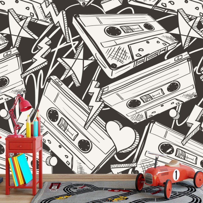 Fototapeta wzór kaset magnetofonowych w stylu retro – Wallissimo® Fototapeta wzór kaset magnetofonowych w stylu retro – Wallissimo®