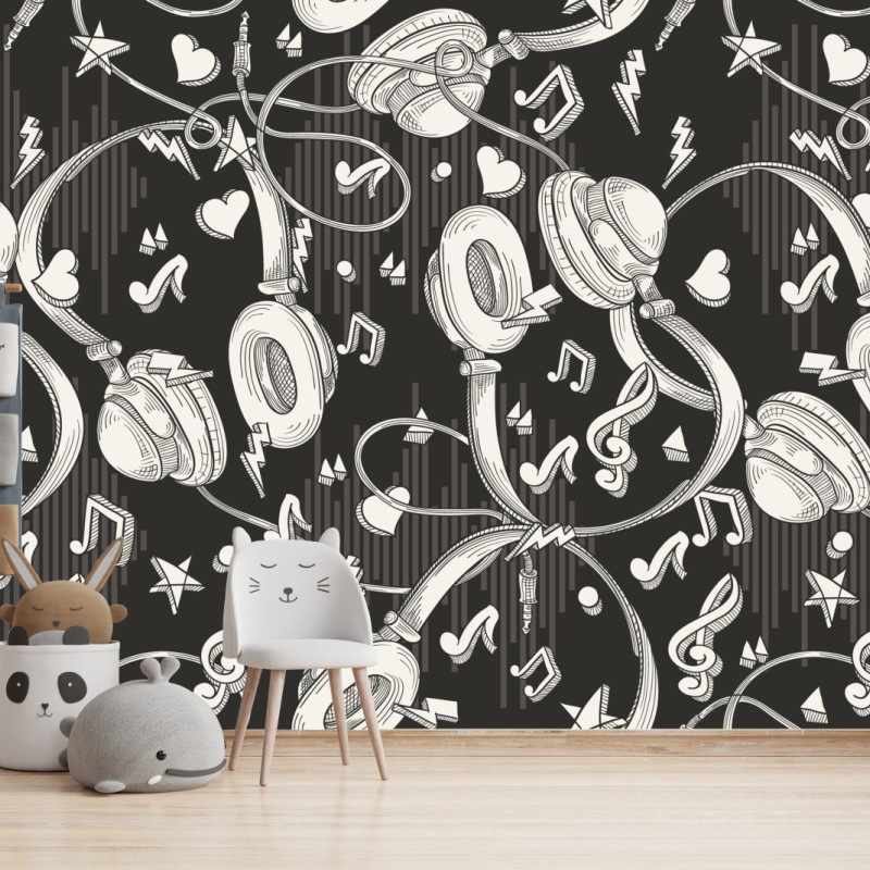 Fototapeta monochromatyczny wzór słuchawek i nut – Wallissimo® Fototapeta monochromatyczny wzór słuchawek i nut – Wallissimo®