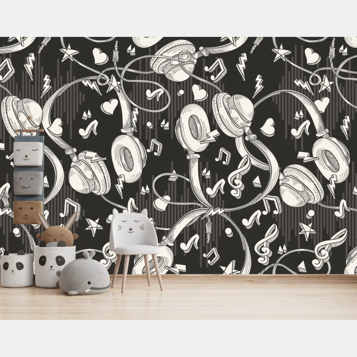 Fototapeta monochromatyczny wzór słuchawek i nut – Wallissimo® Fototapeta monochromatyczny wzór słuchawek i nut – Wallissimo®