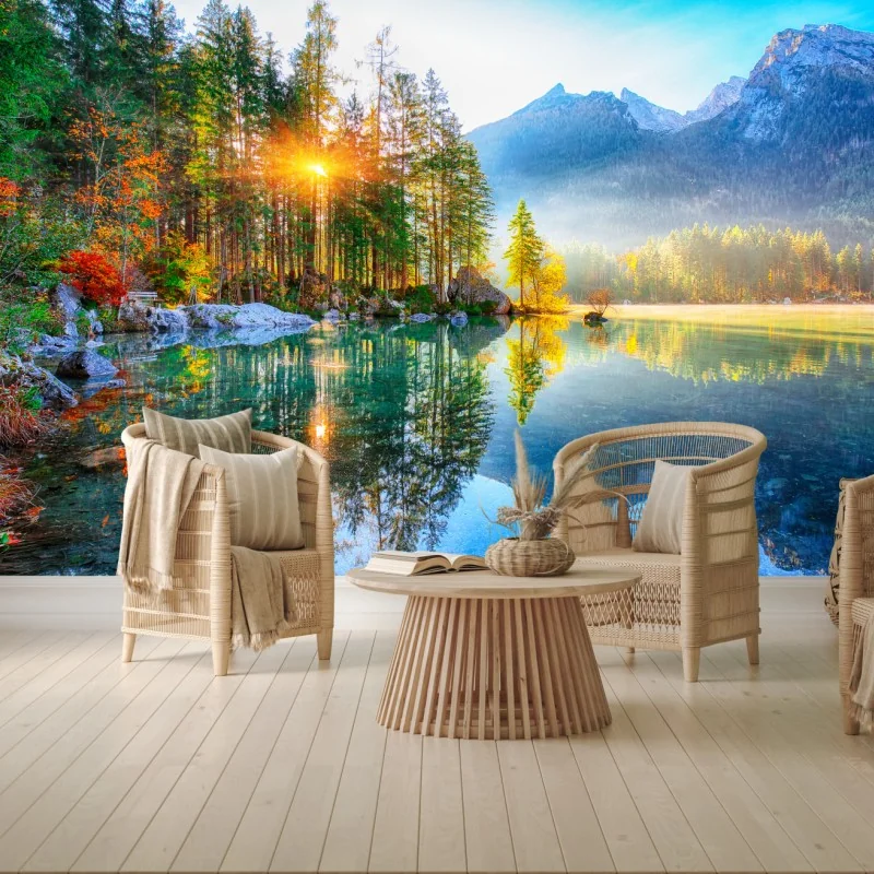 Fototapeta Hintersee jesienny wschód słońca nad turkusowym jeziorem – Wallissimo® Fototapeta Hintersee jesienny wschód słońca nad turkusowym jeziorem – Wallissimo®