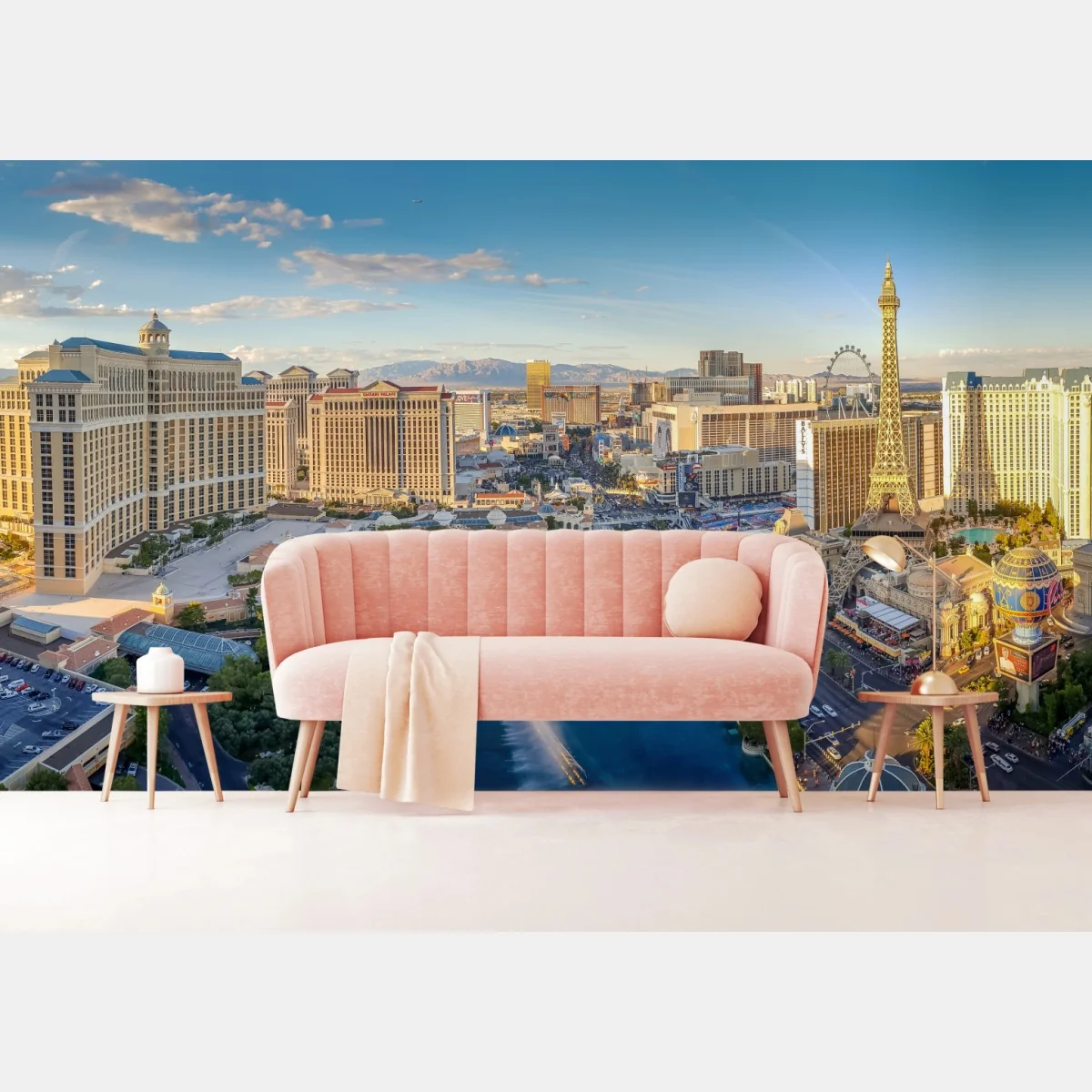 Fototapeta słoneczna panorama Las Vegas z tańczącymi fontannami i wieżą Eiffla – Wallissimo® Fototapeta słoneczna panorama Las Vegas z tańczącymi fontannami i wieżą Eiffla – Wallissimo®