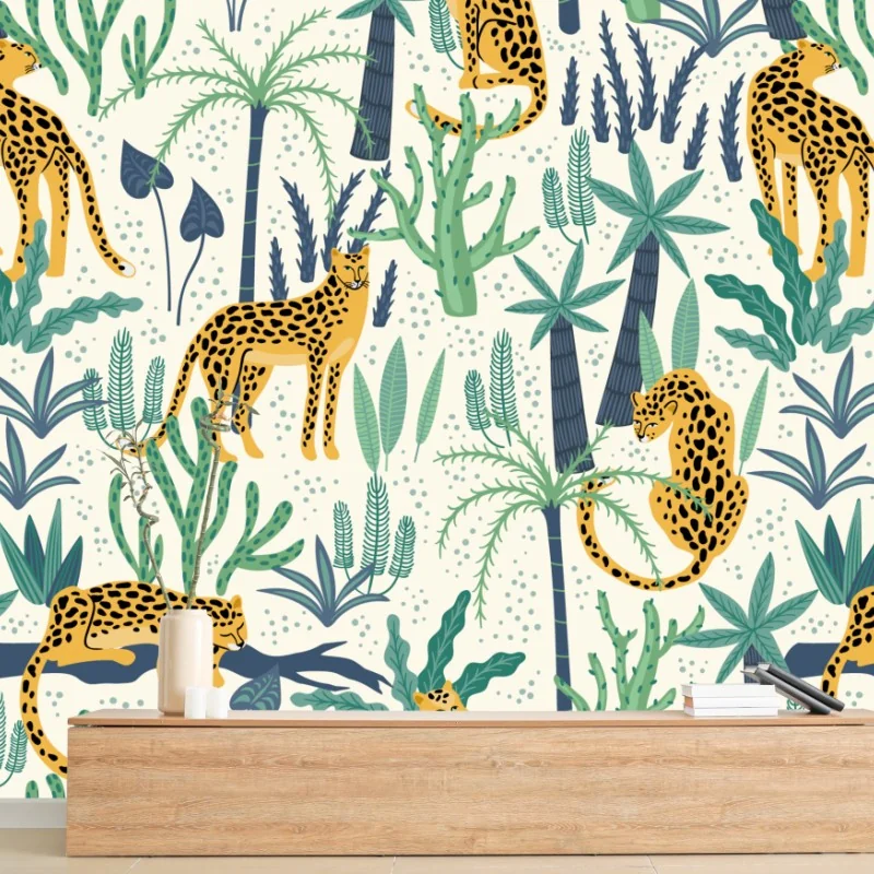 Fototapeta tropikalny wzór z lampartami – Wallissimo® Fototapeta tropikalny wzór z lampartami – Wallissimo®
