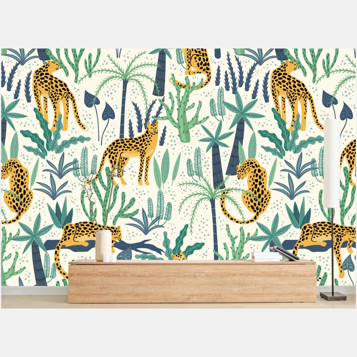 Fototapeta tropikalny wzór z lampartami – Wallissimo® Fototapeta tropikalny wzór z lampartami – Wallissimo®