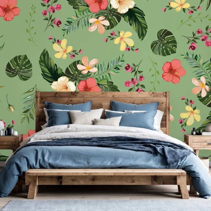 Fototapeta zielony tropikalny wzór hibiskusa – Wallissimo® Fototapeta zielony tropikalny wzór hibiskusa – Wallissimo®