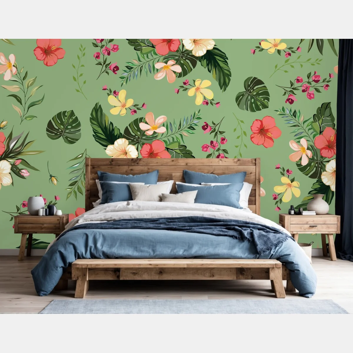 Fototapeta zielony tropikalny wzór hibiskusa – Wallissimo® Fototapeta zielony tropikalny wzór hibiskusa – Wallissimo®