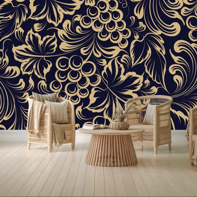 Fototapeta elegancki barokowy wzór z winogronami w złocie – Wallissimo® Fototapeta elegancki barokowy wzór z winogronami w złocie – Wallissimo®