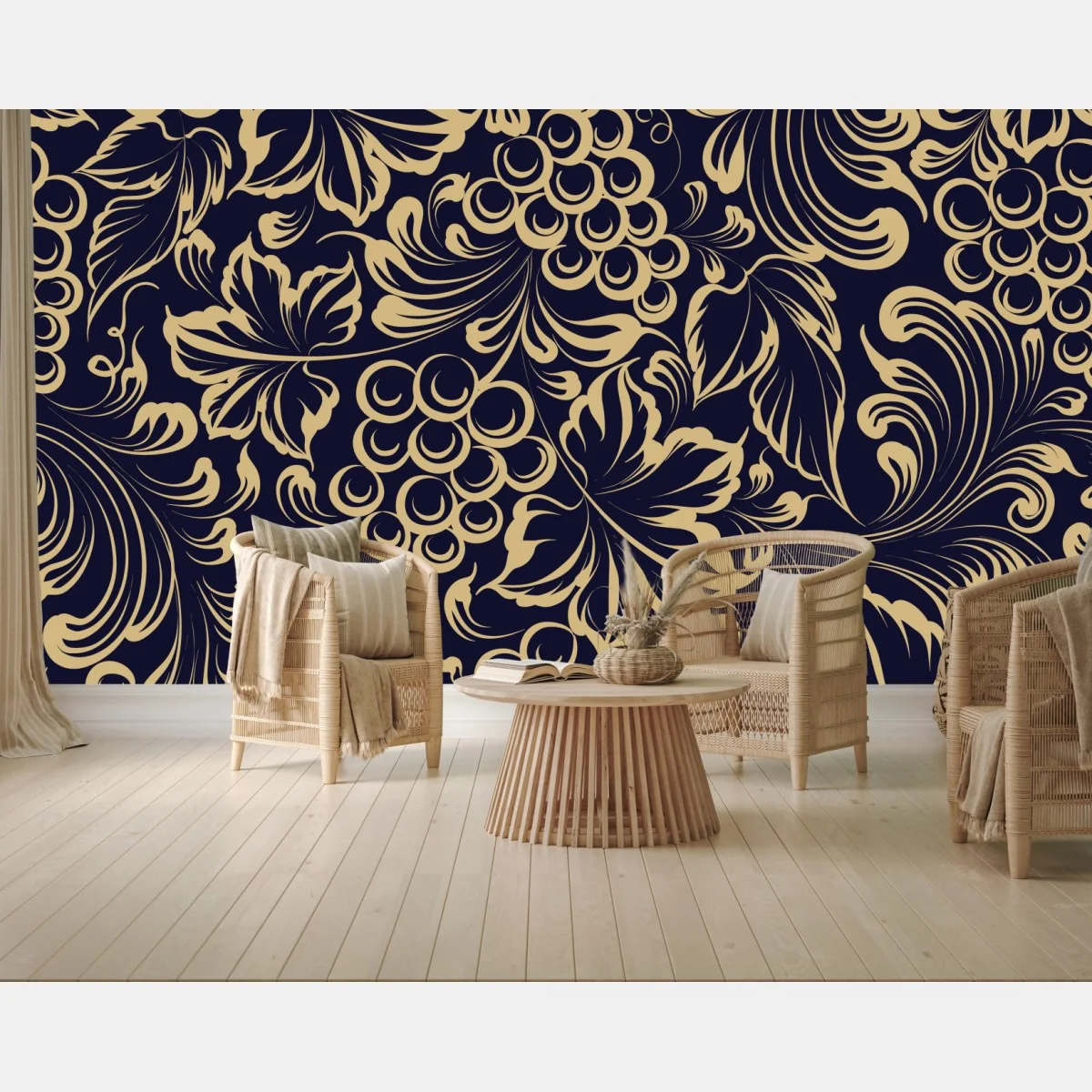 Fototapeta elegancki barokowy wzór z winogronami w złocie – Wallissimo® Fototapeta elegancki barokowy wzór z winogronami w złocie – Wallissimo®