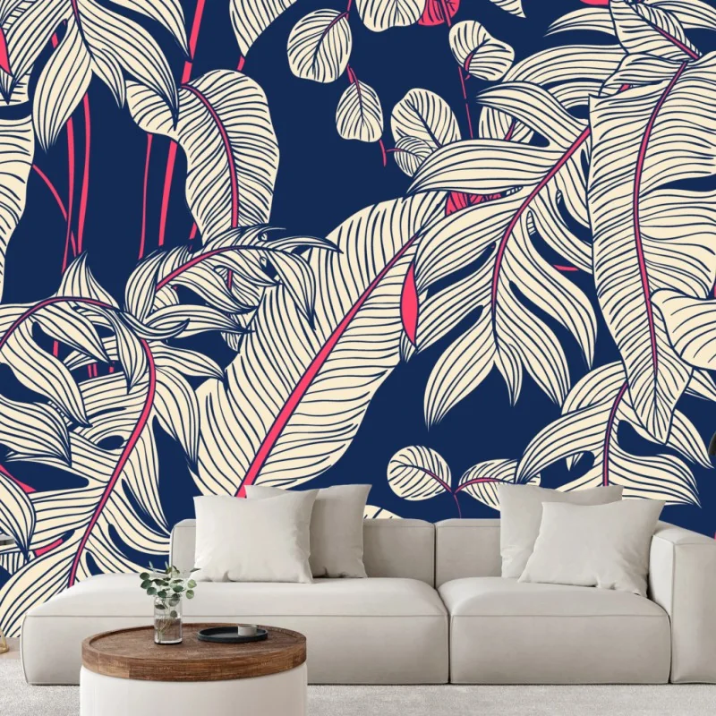 Fototapeta granatowy tropikalny wzór z liśćmi – Wallissimo® Fototapeta granatowy tropikalny wzór z liśćmi – Wallissimo®