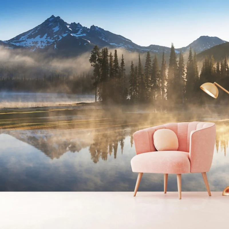 Fototapeta mglista góra odbita w jeziorze o świcie – Wallissimo® Fototapeta mglista góra odbita w jeziorze o świcie – Wallissimo®