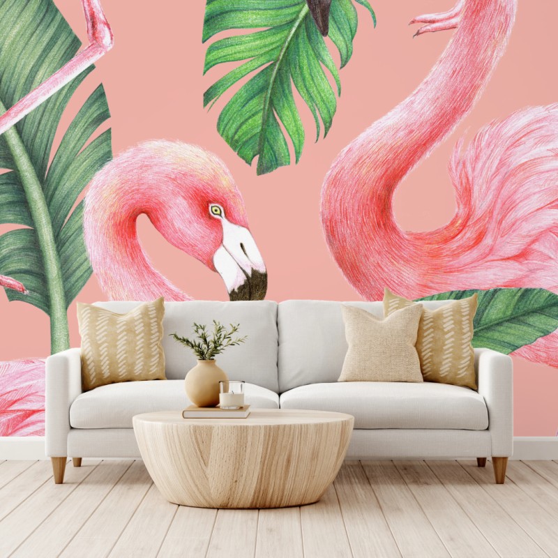 Fototapeta różowy wzór z flamingami i liśćmi tropikalnymi – Wallissimo®