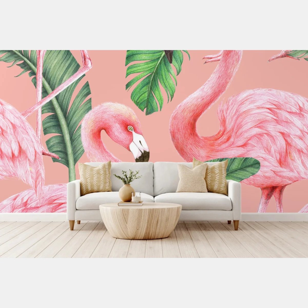 Fototapeta różowy wzór z flamingami i liśćmi tropikalnymi – Wallissimo®