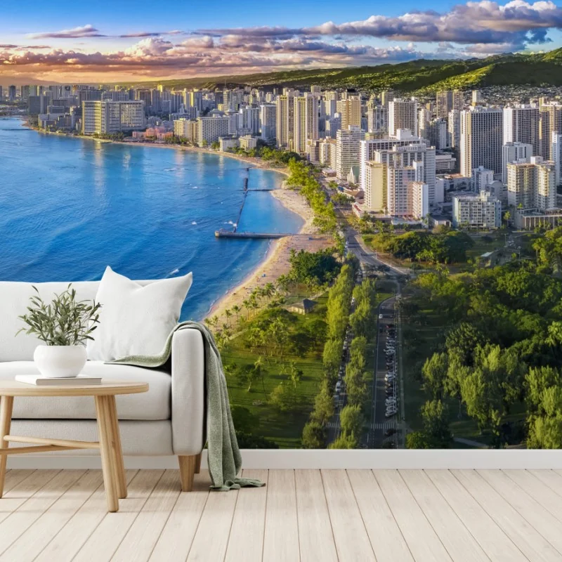 Fototapeta panorama nadmorskiego miasta o zachodzie słońca – Wallissimo® Fototapeta panorama nadmorskiego miasta o zachodzie słońca – Wallissimo®