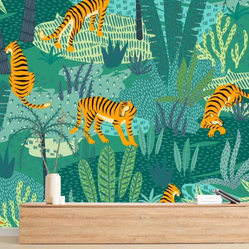 Fototapeta tropikalna dżungla z tygrysami – Wallissimo® Fototapeta tropikalna dżungla z tygrysami – Wallissimo®