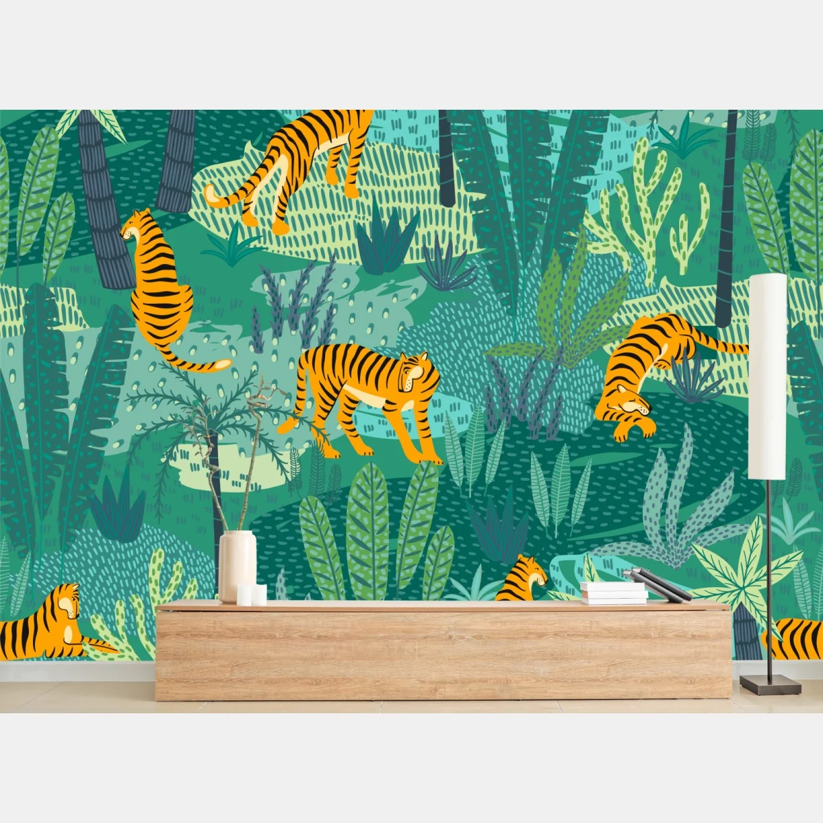 Fototapeta tropikalna dżungla z tygrysami – Wallissimo® Fototapeta tropikalna dżungla z tygrysami – Wallissimo®