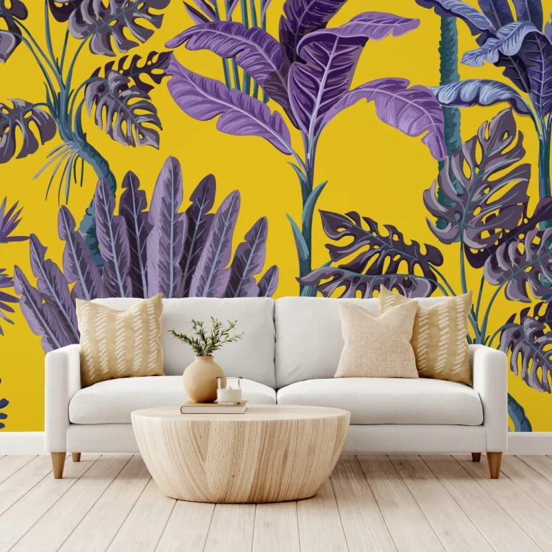 Fototapeta tropikalne fioletowe liście na żółtym tle – Wallissimo® Fototapeta tropikalne fioletowe liście na żółtym tle – Wallissimo®