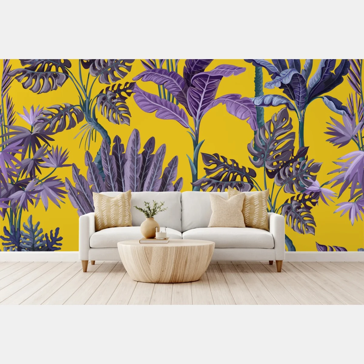 Fototapeta tropikalne fioletowe liście na żółtym tle – Wallissimo® Fototapeta tropikalne fioletowe liście na żółtym tle – Wallissimo®