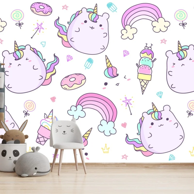 Fototapeta zabawny pastelowy wzór z jednorożcowym kotem – Wallissimo® Fototapeta zabawny pastelowy wzór z jednorożcowym kotem – Wallissimo®