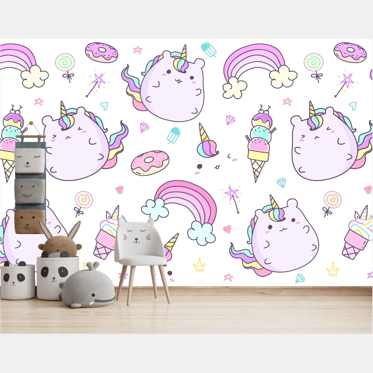 Fototapeta zabawny pastelowy wzór z jednorożcowym kotem – Wallissimo® Fototapeta zabawny pastelowy wzór z jednorożcowym kotem – Wallissimo®