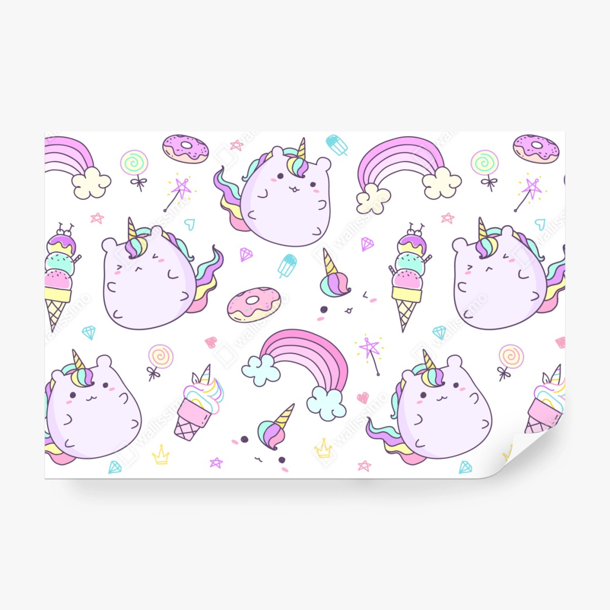 Fototapeta zabawny pastelowy wzór z jednorożcowym kotem – Wallissimo® Fototapeta zabawny pastelowy wzór z jednorożcowym kotem – Wallissimo®