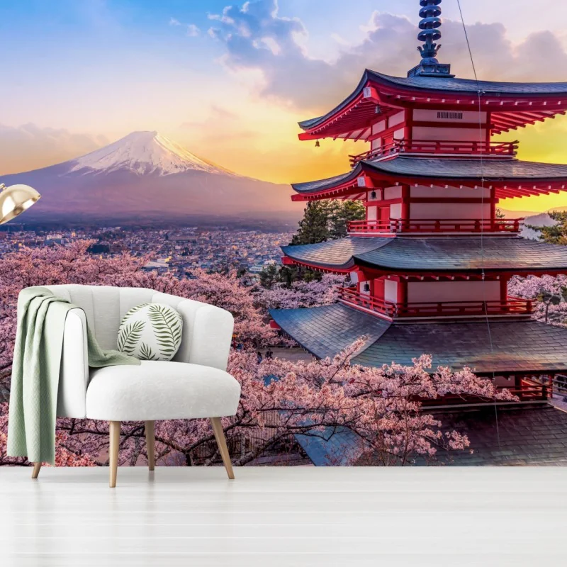 Fototapeta zachód słońca nad Górą Fudżi i pagodą Chureito – Wallissimo®