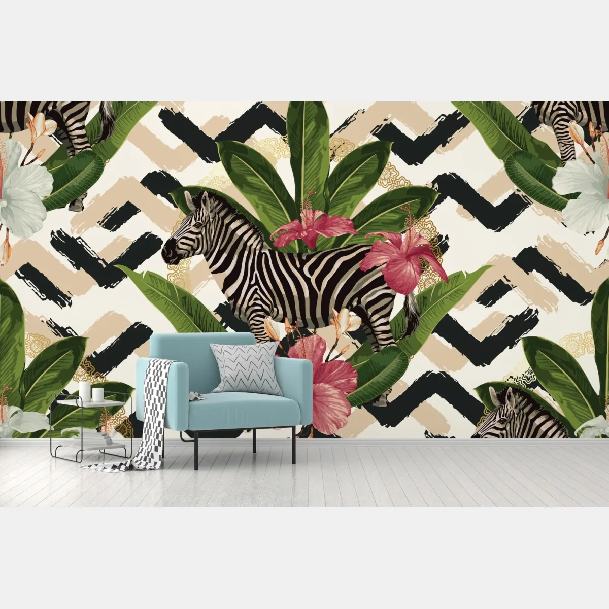 Fototapeta vintage tropikalny wzór z zebrą i hibiskusem – Wallissimo®