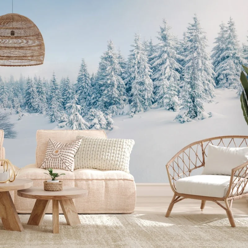 Fototapeta zimowa panorama lasu z zaśnieżonymi jodłami – Wallissimo® Fototapeta zimowa panorama lasu z zaśnieżonymi jodłami – Wallissimo®