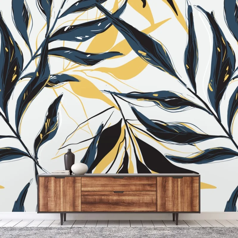 Fototapeta granatowo-złoty botaniczny wzór liści – Wallissimo® Fototapeta granatowo-złoty botaniczny wzór liści – Wallissimo®
