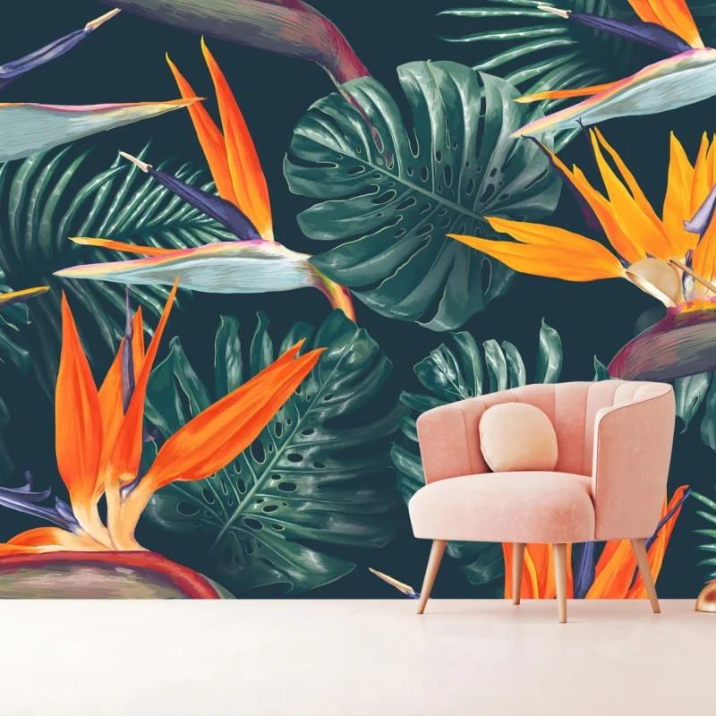 Fototapeta egzotyczny motyw rajskich ptaków i liści monstery – Wallissimo® Fototapeta egzotyczny motyw rajskich ptaków i liści monstery – Wallissimo®