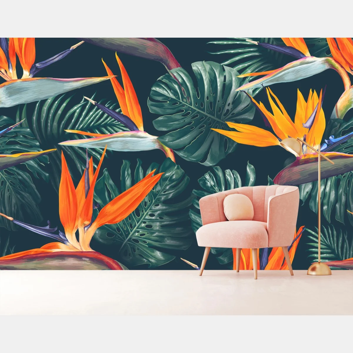 Fototapeta egzotyczny motyw rajskich ptaków i liści monstery – Wallissimo® Fototapeta egzotyczny motyw rajskich ptaków i liści monstery – Wallissimo®