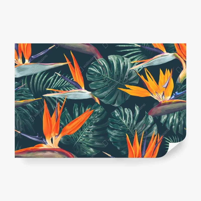 Fototapeta pastelowy tropikalny wzór botaniczny z żurawiami – Wallissimo®