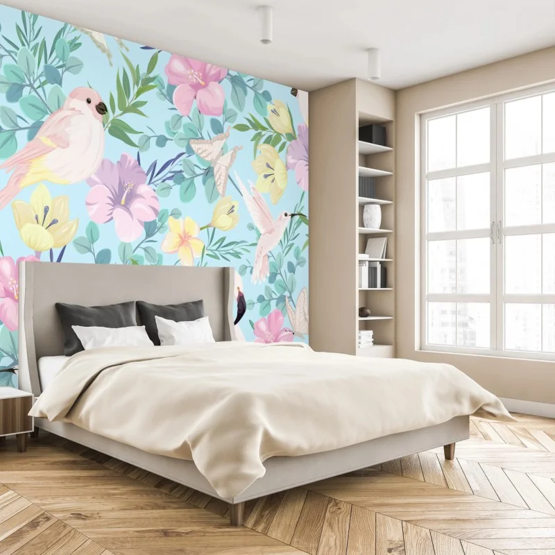 Fototapeta pastelowy wzór z tropikalnymi ptakami i kwiatami – Wallissimo® Fototapeta pastelowy wzór z tropikalnymi ptakami i kwiatami – Wallissimo®