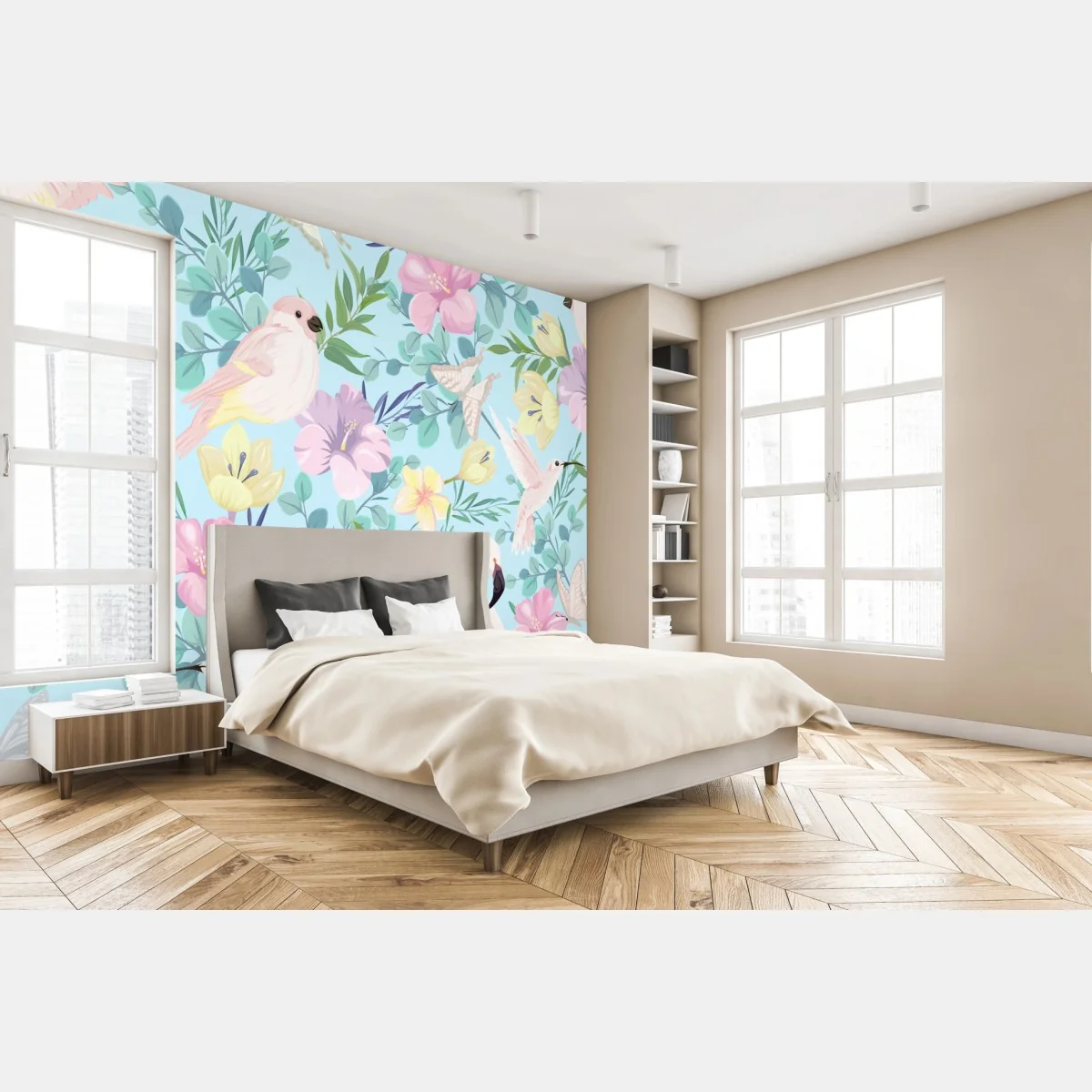 Fototapeta pastelowy wzór z tropikalnymi ptakami i kwiatami – Wallissimo® Fototapeta pastelowy wzór z tropikalnymi ptakami i kwiatami – Wallissimo®